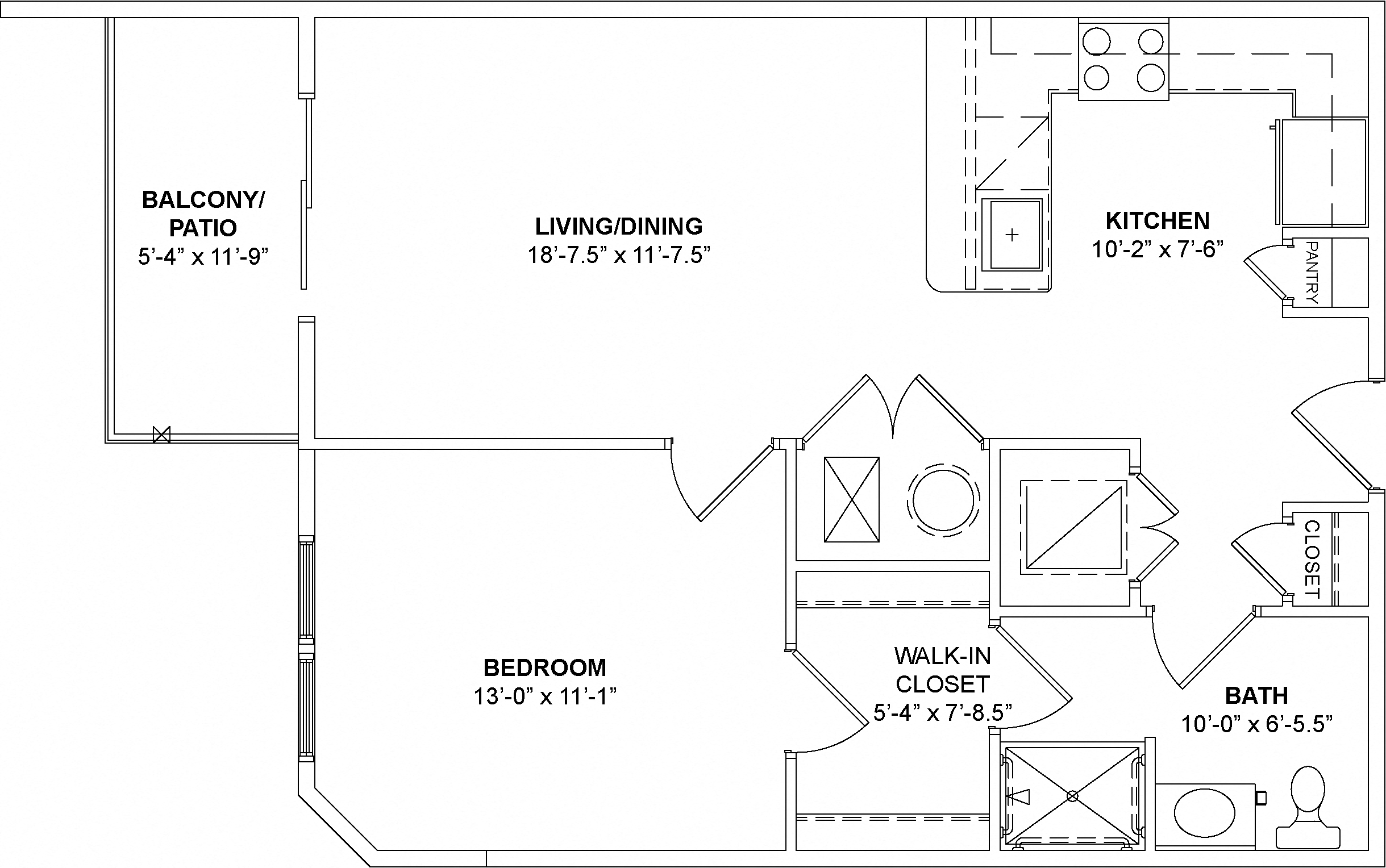 Floor plan for 1 bed, 1 bath, 780 sqft